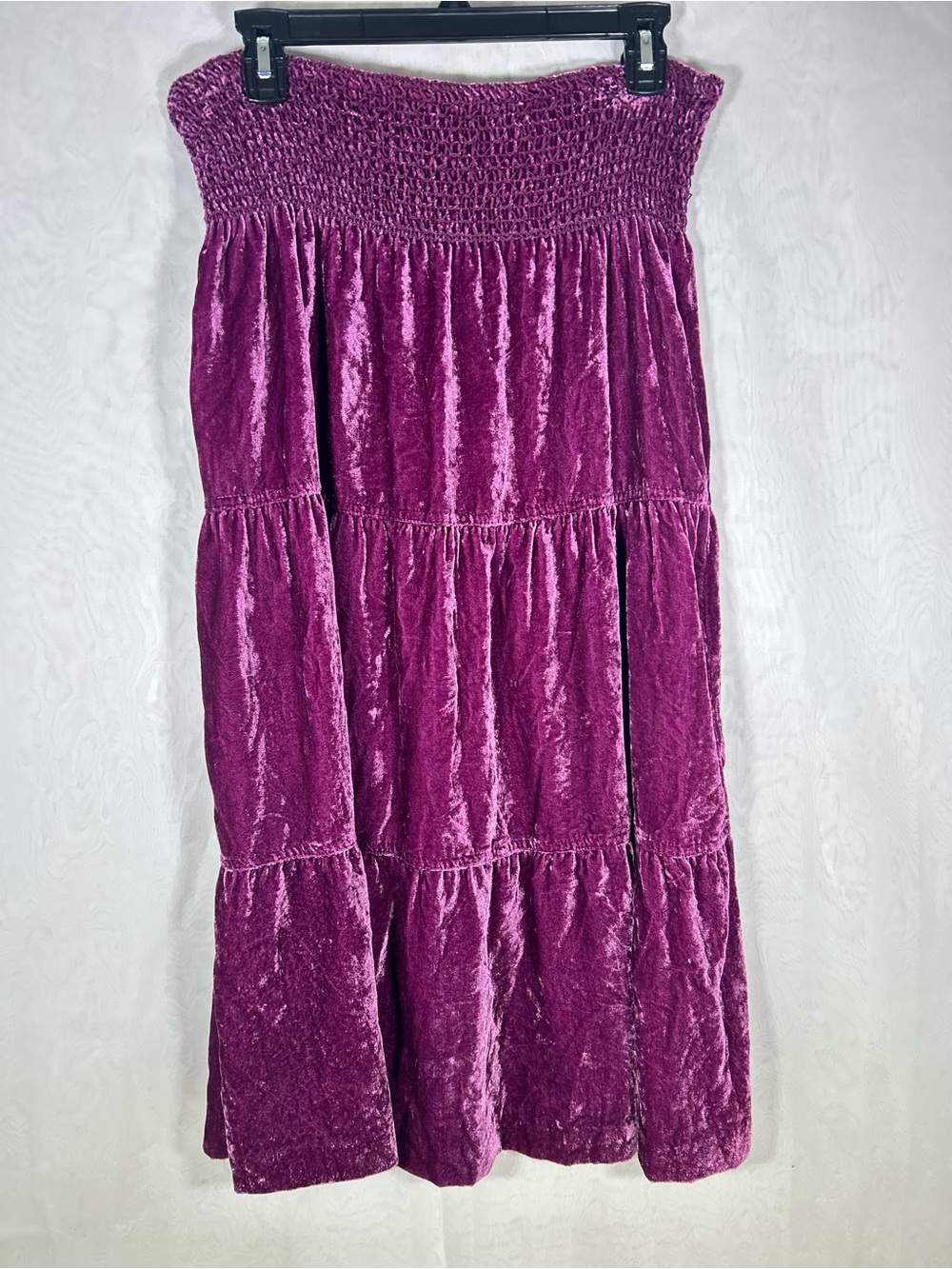 VTG 90s Work to Weekend Purple Crushed Velvet Tiered Midi Skirt Smocked 4